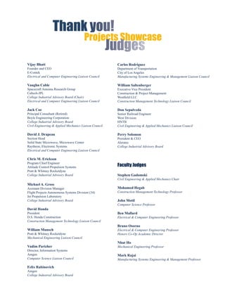 Thank you!
                       Projects Showcase
                            Judges
Vijay Bhatt                                             Carlos Rodriguez
Founder and CEO                                         Department of Transportation
E-Contek                                                City of Los Angeles
Electrical and Computer Engineering Liaison Council     Manufacturing Systems Engineering & Management Liaison Council

Vaughn Cable                                            William Saltenberger
Spacecraft Antenna Research Group                       Executive Vice President
Caltech-JPL                                             Construction & Project Management
College Industrial Advisory Board (Chair)               Westfield LLC
Electrical and Computer Engineering Liaison Council     Construction Management Technology Liaison Council

Jack Coe                                                Don Sepulveda
Principal Consultant (Retired)                          Senior Railroad Engineer
Boyle Engineering Corporation                           West Division
College Industrial Advisory Board                       HNTB
Civil Engineering & Applied Mechanics Liaison Council   Civil Engineering & Applied Mechanics Liaison Council

David J. Drapeau                                        Perry Solomon
Section Head                                            President & CEO
Solid State Microwave, Microwave Center                 Aleratec
Raytheon, Electronic Systems                            College Industrial Advisory Board
Electrical and Computer Engineering Liaison Council

Chris M. Erickson
Program Chief Engineer
Attitude Control Propulsion Systems                     Faculty Judges
Pratt & Whitney Rocketdyne
College Industrial Advisory Board                       Stephen Gadomski
                                                        Civil Engineering & Applied Mechanics Chair
Michael A. Gross
Assistant Division Manager                              Mohamed Hegab
Flight Projects Autonomous Systems Division (34)        Construction Management Technology Professor
Jet Propulsion Laboratory
College Industrial Advisory Board                       John Motil
                                                        Computer Science Professor
David Honda
President                                               Ben Mallard
D.S. Honda Construction                                 Electrical & Computer Engineering Professor
Construction Management Technology Liaison Council
                                                        Bruno Osorno
William Munsch                                          Electrical & Computer Engineering Professor
Pratt & Whitney Rocketdyne                              Honors Co-Op Academic Director
Mechanical Engineering Liaison Council
                                                        Nhut Ho
Vadim Parizher                                          Mechanical Engineering Professor
Director, Information Systems
Amgen                                                   Mark Rajai
Computer Science Liaison Council                        Manufacturing Systems Engineering & Management Professor

Felix Rabinovich
Amgen
College Industrial Advisory Board
 