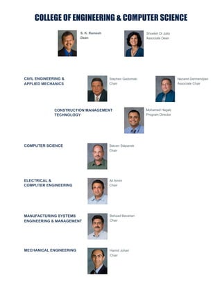 COLLEGE OF ENGINEERING & COMPUTER SCIENCE
                         S. K. Ramesh                      Shoeleh Di Julio
                         Dean                              Associate Dean




CIVIL ENGINEERING &                     Stephen Gadomski                      Nazaret Dermendjian
APPLIED MECHANICS                       Chair                                 Associate Chair




              CONSTRUCTION MANAGEMENT                      Mohamed Hegab
              TECHNOLOGY                                   Program Director




COMPUTER SCIENCE                        Steven Stepanek
                                        Chair




ELECTRICAL &                            Ali Amini
COMPUTER ENGINEERING                    Chair




MANUFACTURING SYSTEMS                   Behzad Bavarian
ENGINEERING & MANAGEMENT                Chair




MECHANICAL ENGINEERING                  Hamid Johari
                                        Chair
 