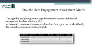 Stakeholders Engagement Assessment Matrix
Through this analytical process, gaps between the current and desired
engagement levels can be identified.
Actions and communications required to close these gaps can be identified by
the project team using expert judgment.
 