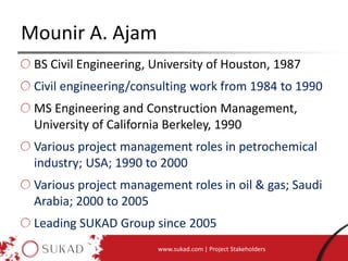 Mounir A. Ajam
www.sukad.com | Project Stakeholders
BS Civil Engineering, University of Houston, 1987
Civil engineering/consulting work from 1984 to 1990
MS Engineering and Construction Management,
University of California Berkeley, 1990
Various project management roles in petrochemical
industry; USA; 1990 to 2000
Various project management roles in oil & gas; Saudi
Arabia; 2000 to 2005
Leading SUKAD Group since 2005
 