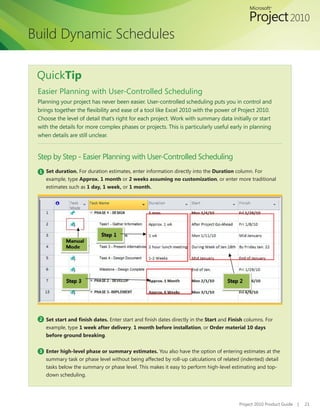 Build Dynamic Schedules

 QuickTip
 Easier Planning with User-Controlled Scheduling
 Planning your project has never been easier. User-controlled scheduling puts you in control and
 brings together the flexibility and ease of a tool like Excel 2010 with the power of Project 2010.
 Choose the level of detail that’s right for each project. Work with summary data initially or start
 with the details for more complex phases or projects. This is particularly useful early in planning
 when details are still unclear.


 Step by Step - Easier Planning with User-Controlled Scheduling
 1 Set duration. For duration estimates, enter information directly into the Duration column. For
    example, type Approx. 1 month or 2 weeks assuming no customization, or enter more traditional
    estimates such as 1 day, 1 week, or 1 month.




 2 Set start and finish dates. Enter start and finish dates directly in the Start and Finish columns. For
    example, type 1 week after delivery, 1 month before installation, or Order material 10 days
    before ground breaking.


 3 Enter high-level phase or summary estimates. You also have the option of entering estimates at the
    summary task or phase level without being affected by roll-up calculations of related (indented) detail
    tasks below the summary or phase level. This makes it easy to perform high-level estimating and top-
    down scheduling.




                                                                                          Project 2010 Product Guide   |   21
 