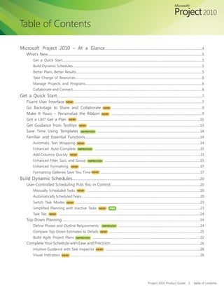 Table of Contents

Microsoft Project 2010 – At a Glance..............................................................................................4
     What’s New.................................................................................................................................................................................5
     	     Get a Quick Start................................................................................................................................................................................5
     	     Build Dynamic Schedules...................................................................................................................................................................5
     	     Better Plans, Better Results...............................................................................................................................................................5
     	     Take Charge of Resources................................................................................................................................................................6
     	     Manage Projects and Programs...................................................................................................................................................6
     	     Collaborate and Connect...................................................................................................................................................................6
Get a Quick Start............................................................................................................................................7
     Fluent User Interface NEW! ..................................................................................................................................................7
     Go Backstage to Share and Collaborate NEW! .......................................................................................................9
     Make It Yours – Personalize the Ribbon NEW! ........................................................................................................9
     Got a List? Get a Plan NEW! .............................................................................................................................................11
     Get Guidance from Tooltips NEW! ...............................................................................................................................13
     Save Time Using Templates IMPROVED! ......................................................................................................................14
     Familiar and Essential Functions....................................................................................................................................14
     	     Automatic Text Wrapping                            NEW!        ...............................................................................................................................................14
     	     Enhanced Auto-Complete                              IMPROVED!            .....................................................................................................................................15
     	     Add Columns Quickly                       NEW!        ........................................................................................................................................................15	
     	     Enhanced Filter, Sort, and Group                                IMPROVED!            ........................................................................................................................15
     	     Enhanced Formatting                         NEW!       .......................................................................................................................................................17
     	     Formatting Galleries Save You Time                                   NEW!        .............................................................................................................................17
Build Dynamic Schedules............................................................................................................................20
     User-Controlled Scheduling Puts You in Control.......................................................................................................20
     	     Manually Scheduled Tasks                           NEW!        ...............................................................................................................................................20
     	     Automatically Scheduled Tasks......................................................................................................................................................20
     	     Switch Task Modes                     NEW!       .............................................................................................................................................................23
     	     Simplified Planning with Inactive Tasks               .......................................................................................................23
                                                    NEW!   PRO

     	     Task Tab          NEW!       ..................................................................................................................................................................................24
     Top-Down Planning .............................................................................................................................................................24
     	     Define Phases and Outline Requirements                 .......................................................................................................24
                                                    IMPROVED!

		         Compare Top-Down Estimates to Details                                           NEW!      ...................................................................................................................25
     	     Build Agile Project Plans                         IMPROVED!           ........................................................................................................................................22
     Complete Your Schedule with Ease and Precision.......................................................................................................26
     	     Intuitive Guidance with Task Inspector                                     NEW!        .......................................................................................................................26
     	     Visual Indicators               NEW!       ...................................................................................................................................................................26




                                                                                                                                                      Project 2010 Product Guide                         |     table of contents
 