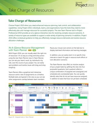 Take Charge of Resources

Take Charge of Resources
Choose Project 2010 when you need enhanced resource planning, task control, and collaboration
capabilities. Using Project 2010, individuals, teams, and organizations have the tools they need to more
effectively plan and manage resources for successful projects. The new Team Planner tool in Project
Professional 2010 provides an at-a-glance interactive view for resolving complex resource scenarios. A
variety of resource types are available to support a wide variety of planning scenarios. In addition, Project
2010 offers contextual guidance to help you effectively manage resource demands and resolve resource
allocation challenges.



At-A-Glance Resource Management                            Pause your mouse over actions on the task bar to
with Team Planner NEW! PRO                                 display task-level information and warning messages.
With Project 2010, you can visually select the right mix
of resources—it’s as easy as a drag-and-drop action        In addition, you can easily zoom in on specific time
using the new Team Planner view. In Team Planner,          intervals to search for gaps in resource work efforts or
you can see your team’s work, by individual or by          over-allocation scenarios.
role, over the course of your project. You can easily
spot problems and resolve issues with drag-and-drop        The Team Planner view offers an intuitive analysis
simplicity.                                                of your project tasks by splitting the view into four
                                                           purposeful quadrants. Each quadrant reflects a
Team Planner offers a graphical and interactive            unique combination of assigned and unassigned, and
resource-centric view of assignments on a timeline.        scheduled and unscheduled tasks. You can quickly
Multiple tasks are layered in the view so you can see      identify tasks that do not yet have resources assigned,
when assignments overlap between team members.             in addition to tasks that have not yet been scheduled.




Figure 19 - Assigned tasks in Team Planner


                                                                                            Project 2010 Product Guide   |   30
 