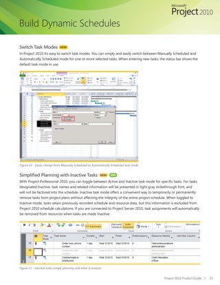 Build Dynamic Schedules

Switch Task Modes              NEW!

In Project 2010 it’s easy to switch task modes. You can simply and easily switch between Manually Scheduled and
Automatically Scheduled mode for one or more selected tasks. When entering new tasks, the status bar shows the
default task mode in use.




Figure 10 - Easily change from Manually Scheduled to Automatically Scheduled task mode


Simplified Planning with Inactive Tasks                       NEW!   PRO

With	Project	Professional	2010,	you	can	toggle	between	Active	and	Inactive	task	mode	for	specific	tasks.	For	tasks	
designated Inactive, task names and related information will be presented in light gray strikethrough font, and
will not be factored into the schedule. Inactive task mode offers a convenient way to temporarily or permanently
remove tasks from project plans without affecting the integrity of the entire project schedule. When toggled to
Inactive mode, tasks retain previously recorded schedule and resource data, but this information is excluded from
Project 2010 schedule calculations. If you are connected to Project Server 2010, task assignments will automatically
be removed from resources when tasks are made Inactive.




Figure 11 - Inactive tasks simply planning and what-if analysis


                                                                                             Project 2010 Product Guide   |   23
 