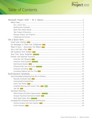 Table of Contents

Microsoft Project 2010 – At a Glance..............................................................................................4
     What’s New.................................................................................................................................................................................5
           Get a Quick Start................................................................................................................................................................................5
           Build Dynamic Schedules...................................................................................................................................................................5
           Better Plans, Better Results...............................................................................................................................................................5
           Take Charge of Resources................................................................................................................................................................6
           Manage Projects and Programs...................................................................................................................................................6
           Collaborate and Connect...................................................................................................................................................................6
Get a Quick Start............................................................................................................................................7
     Fluent User Interface NEW! ..................................................................................................................................................7
     Go Backstage to Share and Collaborate NEW! .......................................................................................................9
     Make It Yours – Personalize the Ribbon NEW! ........................................................................................................9
     Got a List? Get a Plan NEW! .............................................................................................................................................11
     Get Guidance from Tooltips NEW! ...............................................................................................................................13
     Save Time Using Templates IMPROVED! ......................................................................................................................14
     Familiar and Essential Functions....................................................................................................................................14
           Automatic Text Wrapping                            NEW!        ...............................................................................................................................................14
           Enhanced Auto-Complete                              IMPROVED!            .....................................................................................................................................15
           Add Columns Quickly                       NEW!        ........................................................................................................................................................15
           Enhanced Filter, Sort, and Group                                IMPROVED!            ........................................................................................................................15
           Enhanced Formatting                         NEW!       .......................................................................................................................................................17
           Formatting Galleries Save You Time                                   NEW!        .............................................................................................................................17
Build Dynamic Schedules............................................................................................................................20
     User-Controlled Scheduling Puts You in Control.......................................................................................................20
           Manually Scheduled Tasks                           NEW!        ...............................................................................................................................................20
           Automatically Scheduled Tasks......................................................................................................................................................20
           Switch Task Modes                     NEW!       .............................................................................................................................................................23
     	     Simplified	 Planning	 with	 Inactive	 Tasks	 	NEW!	 	 	PRO 	 	 .......................................................................................................23
                                                         				 			
           Task Tab          NEW!       ..................................................................................................................................................................................24
     Top-Down Planning .............................................................................................................................................................24
           Define	Phases	and	Outline	Requirements																	.......................................................................................................24
                                                    IMPROVED!

           Compare Top-Down Estimates to Details                                           NEW!      ...................................................................................................................25
           Build Agile Project Plans                         IMPROVED!           ........................................................................................................................................22
     Complete Your Schedule with Ease and Precision.......................................................................................................26
           Intuitive Guidance with Task Inspector                                     NEW!        .......................................................................................................................26
           Visual Indicators               NEW!       ...................................................................................................................................................................26




                                                                                                                                                      Project 2010 Product Guide                         |     table of contents
 