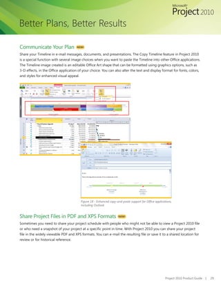 Better Plans, Better Results

Communicate Your Plan                 NEW!

Share your Timeline in e-mail messages, documents, and presentations. The Copy Timeline feature in Project 2010
is	a	special	function	with	several	image	choices	when	you	want	to	paste	the	Timeline	into	other	Office	applications.	
The	Timeline	image	created	is	an	editable	Office	Art	shape	that	can	be	formatted	using	graphics	options,	such	as	
3-D	effects,	in	the	Office	application	of	your	choice.	You	can	also	alter	the	text	and	display	format	for	fonts,	colors,	
and styles for enhanced visual appeal.




                                        Figure 18 - Enhanced copy-and-paste support for Office applications,
                                        including Outlook


Share Project Files in PDF and XPS Formats                          NEW!

Sometimes you need to share your project schedule with	people	who	might	not	be	able	to	view	a	Project	2010	file	
or	who	need	a	snapshot	of	your	project	at	a	specific	point	in	time.	With	Project	2010	you	can	share	your	project	
file	in	the	widely	viewable	PDF	and	XPS	formats.	You	can	e-mail	the	resulting	file	or	save	it	to	a	shared	location	for	
review or for historical reference.




                                                                                                       Project 2010 Product Guide   |   29
 