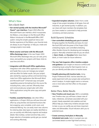 At a Glance

What’s New                                                  ▪ Expanded template selection. Select from a wide
                                                             range of new project templates of all types, from all
Get a Quick Start                                            industries,	to	get	started	quickly.	In	addition,	you	
▪ Get started quickly with the intuitive Microsoft®          can share with team members the templates that
 Fluent™ user interface. Project 2010 offers the             you have created or customized to help promote
 Microsoft Fluent user interface, which incorporates         consistency and best practices.
 the	Ribbon,	a	new	design	on	the	Microsoft	Office	
 Ribbon introduced in the	Microsoft	Office 2007             Build Dynamic Schedules
 system. Using the simpler graphical menus and              ▪ User-controlled scheduling puts you in control.
 familiar experience of the Ribbon, your favorite tools      Bringing	together	the	flexibility	and	ease	of	a	tool	
 are	always	at	your	fingertips,	to	help	you	create	and	      like Excel 2010 with the power of the Project 2010
 manage projects more easily.                                scheduling engine, user-controlled scheduling
                                                             offers	flexible	choices	for	developing	and	managing	
▪ Work smarter and faster with the Microsoft                 projects. Manually scheduled tasks let you set values
 Office Backstage view. In the new Project 2010
                                                             in Start, Finish, and Duration	fields,	leave	them	
 Microsoft	Office	Backstage	view,	you	can	save,	print,	
                                                             blank, or insert notes for future reference.
 share, and publish your projects with fewer clicks to
 save time and effort.                                      ▪ The new Task Inspector offers intuitive analysis
                                                             and guidance. Gain	insight	on	resource	conflicts	and	
▪ Integration with Microsoft Office applications.            scheduling issues using the Task Inspector tool, so
 Integration	with	other	Office	applications	is	simple	
                                                             you can identify and take action to resolve issues.
 and hassle-free so you can manage your project
 with less effort for better results. Get your project      ▪ Simplify planning with Inactive tasks. Using
 plan started by copying outlines and brainstorming          Project Professional 2010, inactive tasks lets you
 notes	from	Office	applications	like	Microsoft	Word	         easily experiment with your project plan and perform
 and Microsoft Excel®. Enhanced copy-and-paste               what-if analysis. A simple toggle inserts or removes
 capabilities	preserve	formatting	from	the	source	file,	     one or more tasks and their effect on the project
 including	fonts,	colors,	and	text.	Efficiently	share	       schedule.
 and communicate your project plan with other
 Office	applications	using	the	same	copy-and-paste	
                                                            Better Plans, Better Results
 functions.
                                                            ▪ New Timeline and visual cues. With a completely
                                                             new Timeline view, you will have a clearer view of
▪ Familiar, essential functions.	Like	other	Office	
                                                             tasks, milestones, and phases associated with your
 applications, in Project 2010 you will save time and
                                                             project. Newly expanded color palettes and text
 effort by using familiar and essential functions like
                                                             effects help you make every timeline and plan look
 text wrapping, auto-complete, scroll, zoom, and
                                                             its best, so you can swiftly see and share important
 enhanced	filtering.	You	can	easily	insert	new	columns	
                                                             dates and deliverables. Visual indicators alert you to
 for	entering	data;	data	types	are	readily	identified	so	
                                                             potential issues.
 you	can	quickly	and	effectively	organize	and	analyze	
 details. New tooltips, context-sensitive help, and a
                                                            ▪ Create summary-level plans in Manually
 larger	selection	of	templates	quickly	get	you	started	
                                                             Scheduled task mode. Early in a project you can
 and working effectively.
                                                             use limited details to enter high-level summary

                                                                                              Project 2010 Product Guide   |   5
 