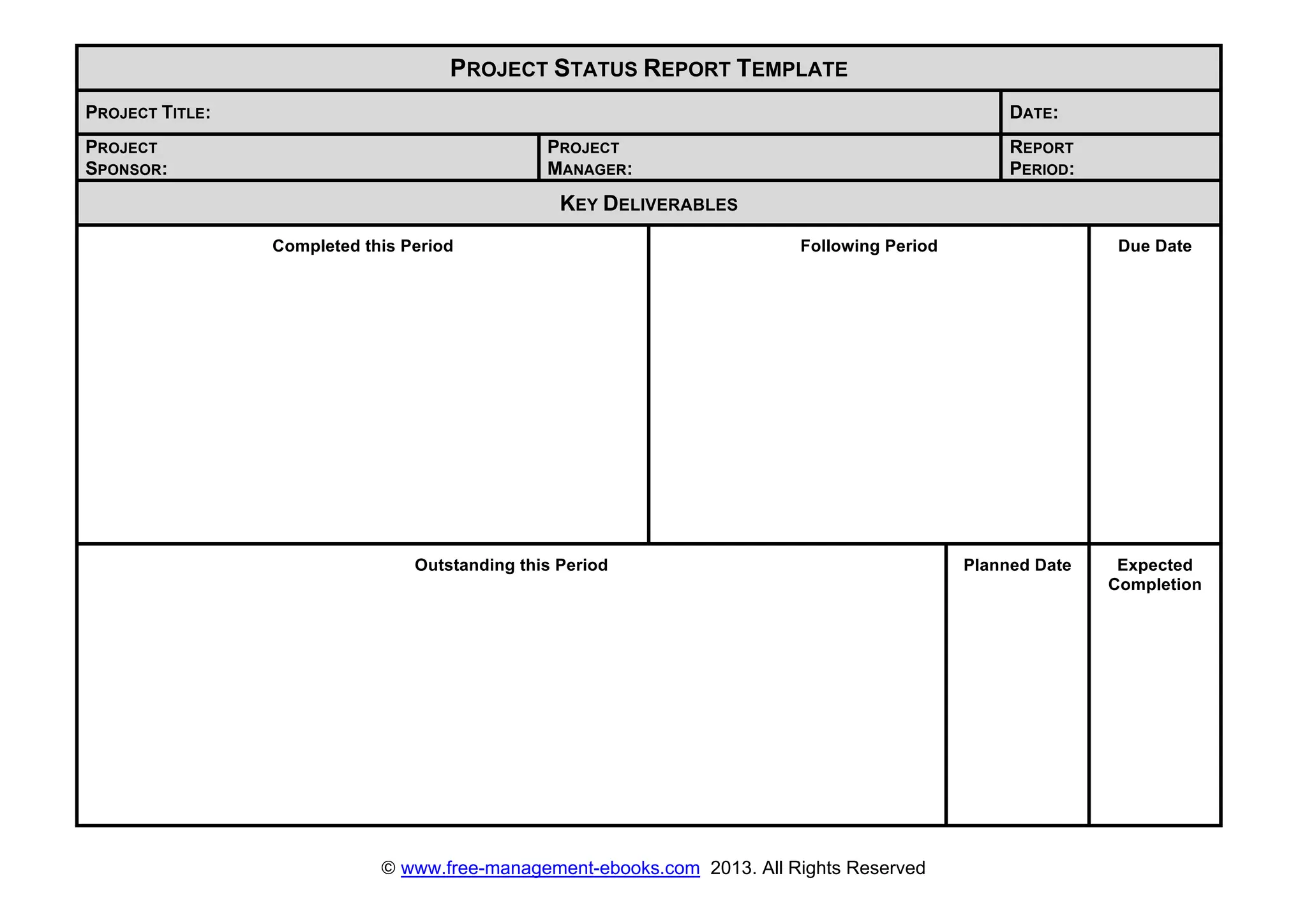 © www.free-management-ebooks.com 2013. All Rights Reserved
PROJECT STATUS REPORT TEMPLATE
PROJECT TITLE: DATE:
PROJECT
SPONSOR:
PROJECT
MANAGER:
REPORT
PERIOD:
KEY DELIVERABLES
Completed this Period Following Period Due Date
Outstanding this Period Planned Date Expected
Completion