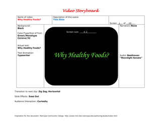 Video Storyboard
   Name of video:                            Description of this scene:
   Why Healthy Foods?                        Title Slide
                                                                                                               Screen _1__ of __22___
   Background:                                                                                                          Narration: None
   Black
                                                            Screen size: ___4:3_______
   Color/Type/Size of Font:
   Green/Monotype
   Corsiva/32


   Actual text:
   Why Healthy Foods?

   Text Animation:
   Typewriter
                                             Why Healthy Foods?                                                            Audio: Beethoven
                                                                                                                           “Moonlight Sonate”




Transition to next clip: Zig Zag, Horizontal

Slide Effects: Ease Out

Audience Interaction: Curiosity




Inspiration for this document: Maricopa Community College. http://www.mcli.dist.maricopa.edu/authoring/studio/index.html
 