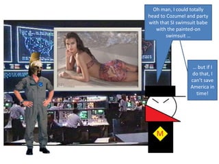 Oh man, I could totally head to Cozumel and party with that SI swimsuit babe with the painted-on swimsuit …… but if I do that, I can’t save America in time!