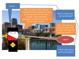 Hi ma …WELL it’s about TIME someone answered the darned phone! I was just telling Charlene here how I thought I whooped better contingency control into you than to let your dear old ma …Ma, I’m kinda busy … can we talk later?OH, I see! Too busy with your skank hoes to talk to your dear old ma! Boy I oughta …*BEEP**Phew* Now where are those zombies?