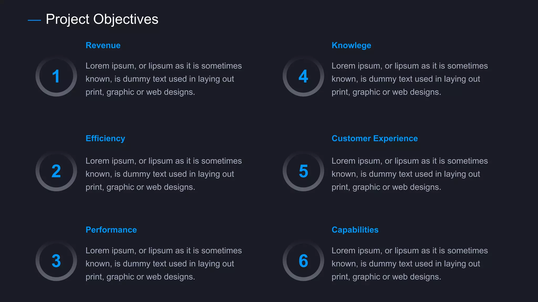 Project Objectives
Revenue
Lorem ipsum, or lipsum as it is sometimes
known, is dummy text used in laying out
print, graphic or web designs.
Efficiency
Lorem ipsum, or lipsum as it is sometimes
known, is dummy text used in laying out
print, graphic or web designs.
Performance
Lorem ipsum, or lipsum as it is sometimes
known, is dummy text used in laying out
print, graphic or web designs.
Customer Experience
Lorem ipsum, or lipsum as it is sometimes
known, is dummy text used in laying out
print, graphic or web designs.
Capabilities
Lorem ipsum, or lipsum as it is sometimes
known, is dummy text used in laying out
print, graphic or web designs.
Lorem ipsum, or lipsum as it is sometimes
known, is dummy text used in laying out
print, graphic or web designs.
Knowlege
1
2
3
4
5
6
 