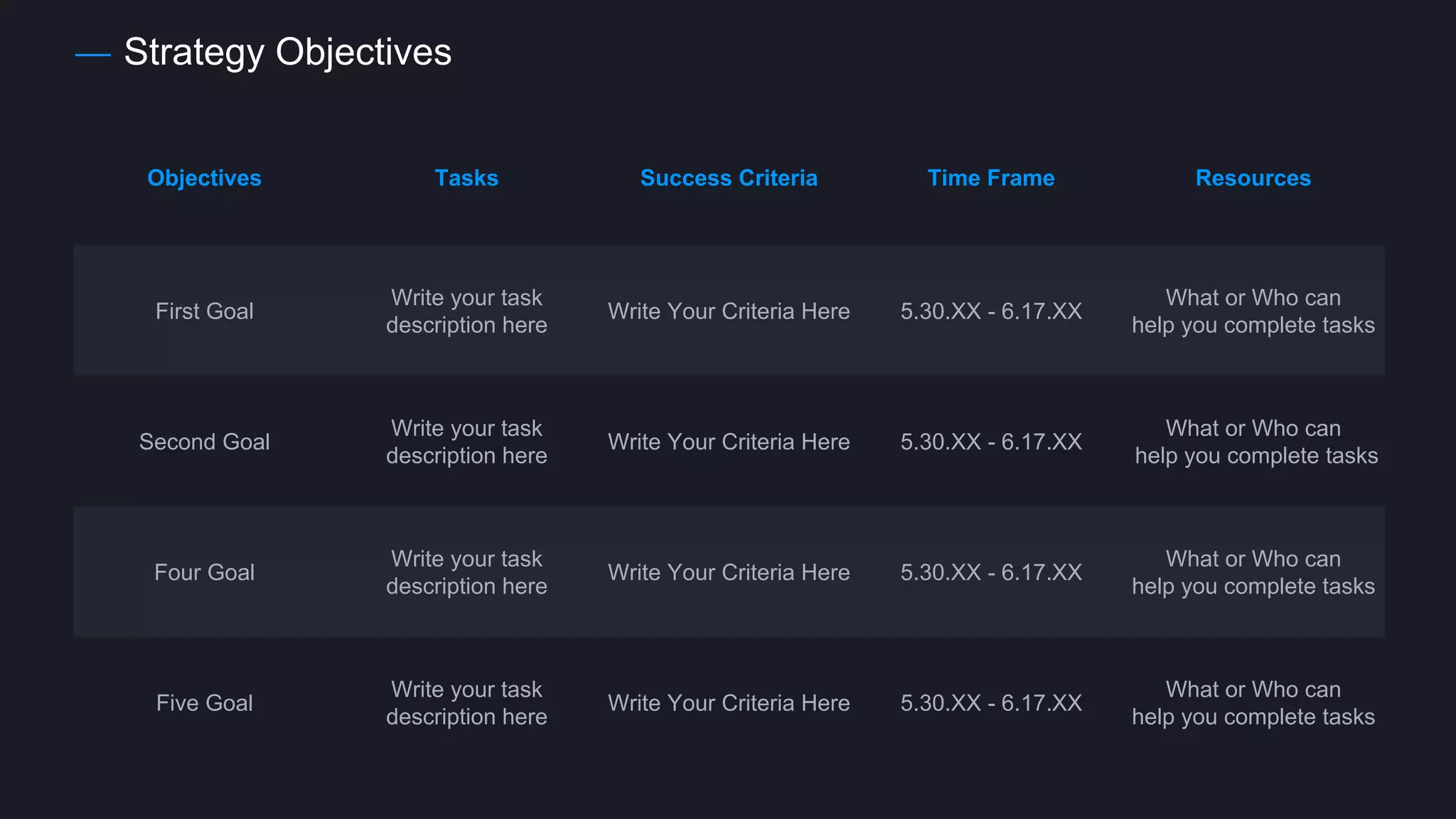 Strategy Objectives
Objectives Tasks Success Criteria Time Frame Resources
First Goal
Write your task
description here
Write Your Criteria Here 5.30.XX - 6.17.XX
What or Who can
help you complete tasks
Second Goal
Write your task
description here
Write Your Criteria Here 5.30.XX - 6.17.XX
What or Who can
help you complete tasks
Four Goal
Write your task
description here
Write Your Criteria Here 5.30.XX - 6.17.XX
What or Who can
help you complete tasks
Five Goal
Write your task
description here
Write Your Criteria Here 5.30.XX - 6.17.XX
What or Who can
help you complete tasks
 