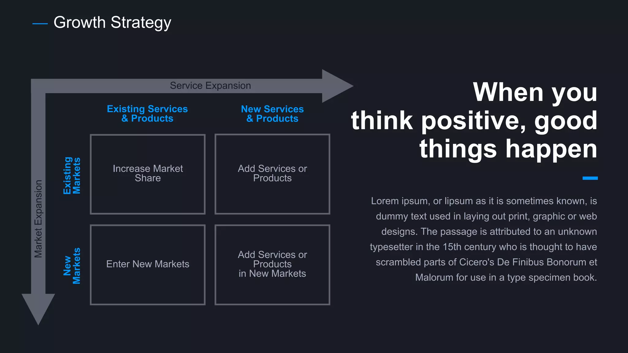 Growth Strategy
Increase Market
Share
Add Services or
Products
Enter New Markets
Add Services or
Products
in New Markets
Market
Expansion
Service Expansion
Existing
Markets
New
Markets
Existing Services
& Products
New Services
& Products
When you
think positive, good
things happen
Lorem ipsum, or lipsum as it is sometimes known, is
dummy text used in laying out print, graphic or web
designs. The passage is attributed to an unknown
typesetter in the 15th century who is thought to have
scrambled parts of Cicero's De Finibus Bonorum et
Malorum for use in a type specimen book.
 