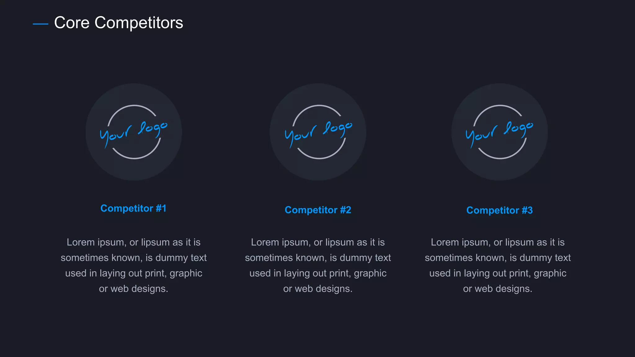 Core Competitors
Competitor #1 Competitor #2 Competitor #3
Lorem ipsum, or lipsum as it is
sometimes known, is dummy text
used in laying out print, graphic
or web designs.
Lorem ipsum, or lipsum as it is
sometimes known, is dummy text
used in laying out print, graphic
or web designs.
Lorem ipsum, or lipsum as it is
sometimes known, is dummy text
used in laying out print, graphic
or web designs.
 