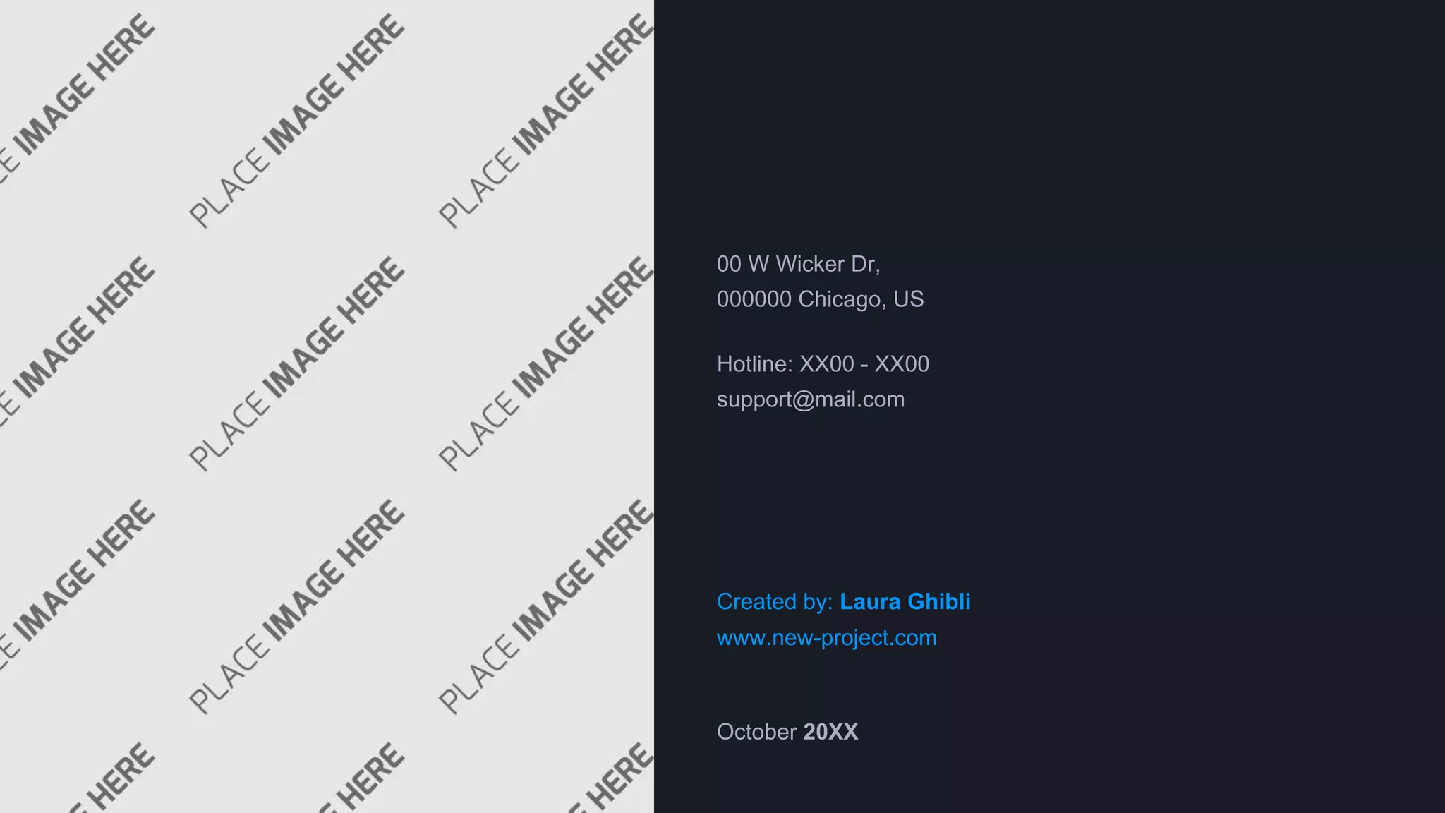 00 W Wicker Dr,
000000 Chicago, US
Created by: Laura Ghibli
www.new-project.com
Hotline: XX00 - XX00
support@mail.com
October 20XX
 