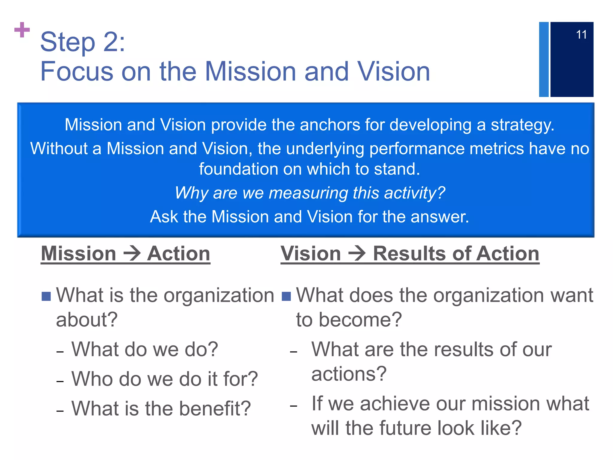 + Step 2:
Focus on the Mission and Vision
Mission  Action
 What is the organization
about?
‒ What do we do?
‒ Who do we do it for?
‒ What is the benefit?
Vision  Results of Action
 What does the organization want
to become?
‒ What are the results of our
actions?
‒ If we achieve our mission what
will the future look like?
Mission and Vision provide the anchors for developing a strategy.
Without a Mission and Vision, the underlying performance metrics have no
foundation on which to stand.
Why are we measuring this activity?
Ask the Mission and Vision for the answer.
11
 