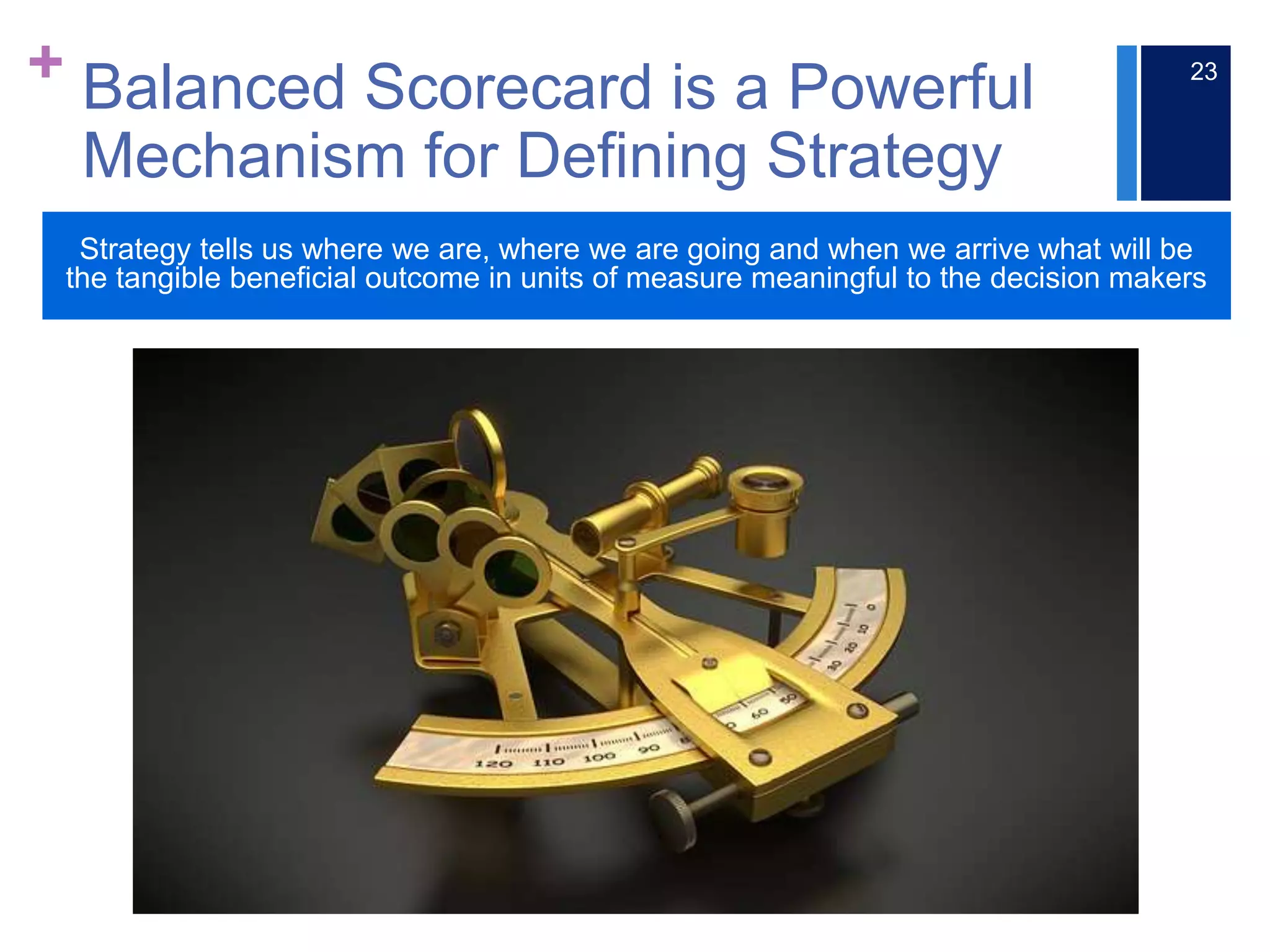 +
Strategy tells us where we are, where we are going and when we arrive what will be
the tangible beneficial outcome in units of measure meaningful to the decision makers
Balanced Scorecard is a Powerful
Mechanism for Defining Strategy
23
 