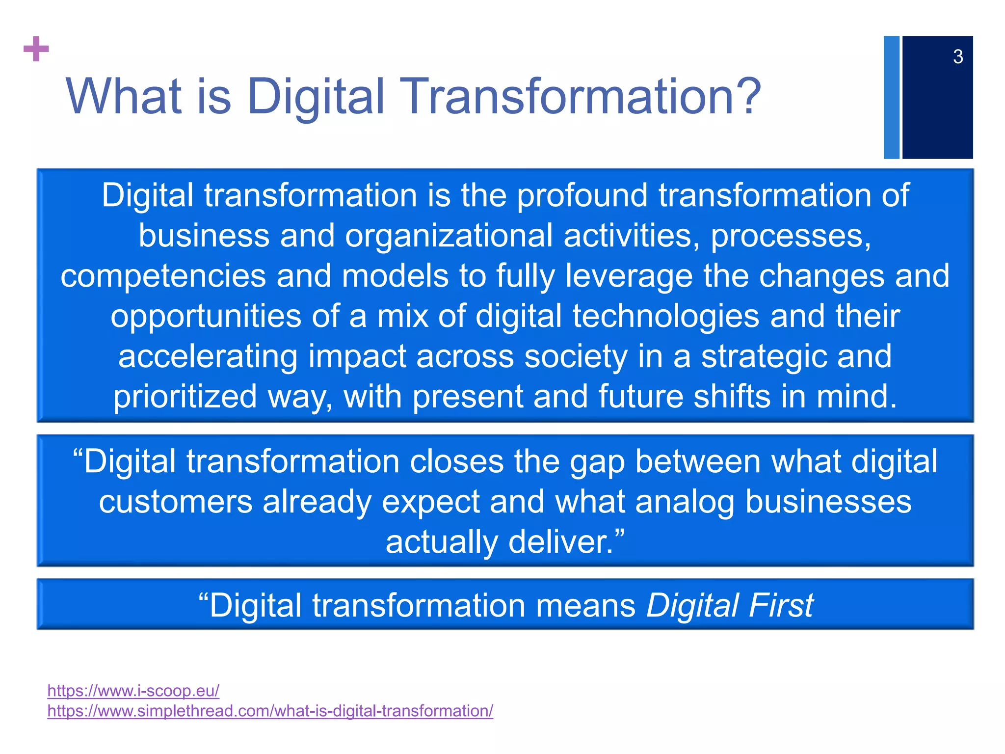 +
What is Digital Transformation?
3
Digital transformation is the profound transformation of
business and organizational activities, processes,
competencies and models to fully leverage the changes and
opportunities of a mix of digital technologies and their
accelerating impact across society in a strategic and
prioritized way, with present and future shifts in mind.
https://www.i-scoop.eu/
https://www.simplethread.com/what-is-digital-transformation/
“Digital transformation closes the gap between what digital
customers already expect and what analog businesses
actually deliver.”
“Digital transformation means Digital First
 