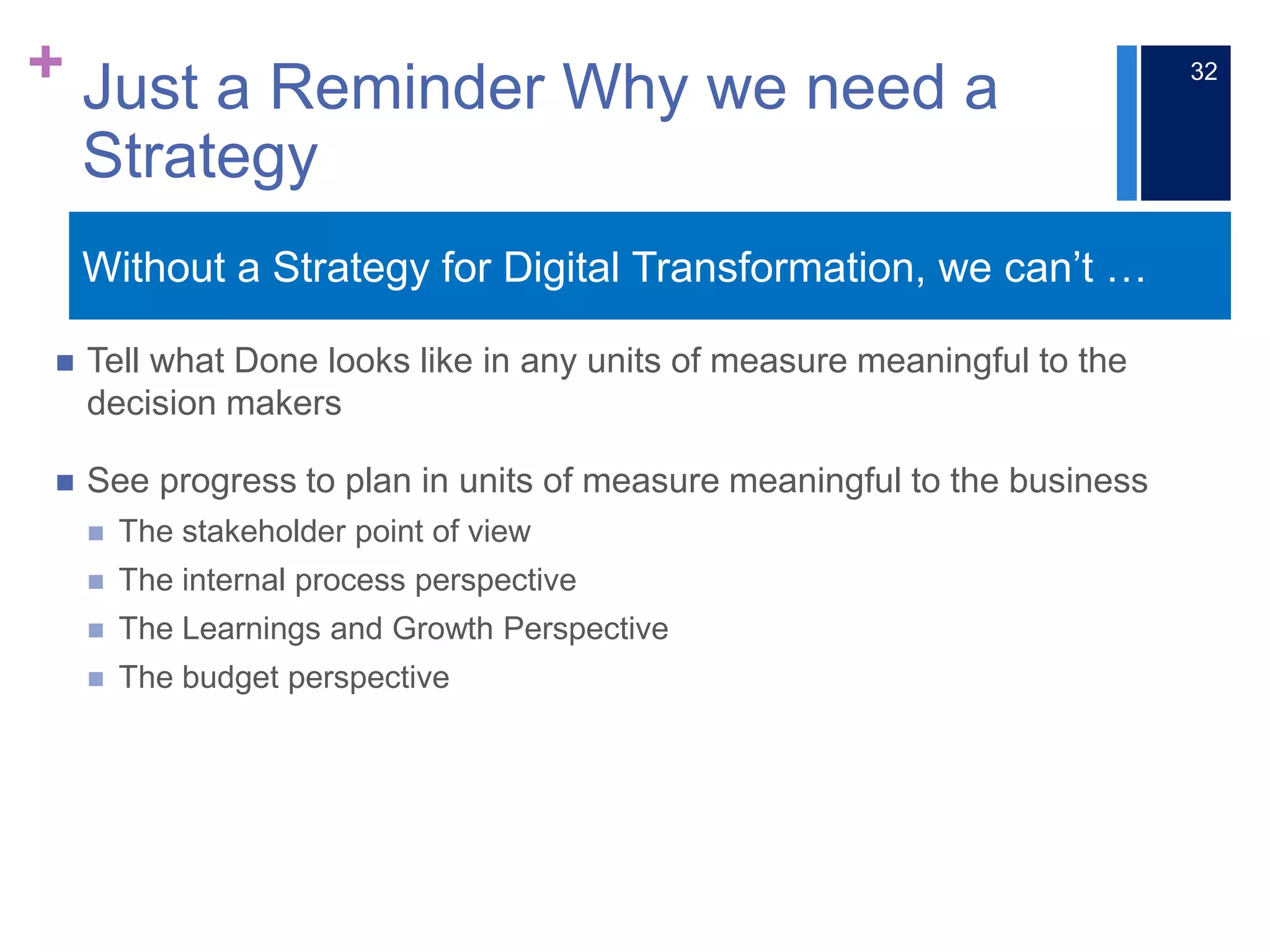 +
 Tell what Done looks like in any units of measure meaningful to the
decision makers
 See progress to plan in units of measure meaningful to the business
 The stakeholder point of view
 The internal process perspective
 The Learnings and Growth Perspective
 The budget perspective
Without a Strategy for Digital Transformation, we can’t …
Just a Reminder Why we need a
Strategy
32
 
