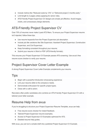 Project Supervisor Resume Examples & Writing Guide for 2025 | PDF