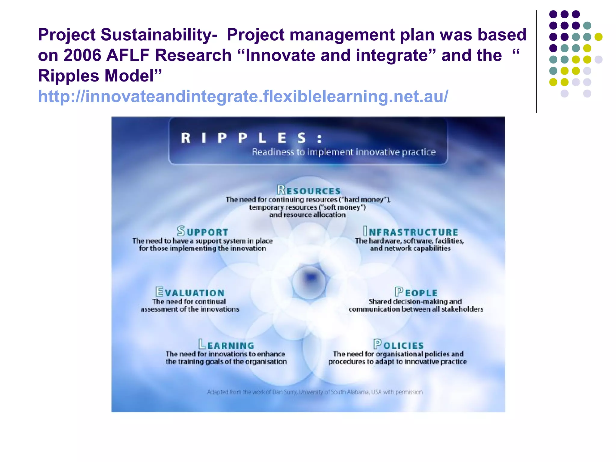 Project Sustainability- Project management plan was based
on 2006 AFLF Research “Innovate and integrate” and the “
Ripples Model”
http://innovateandintegrate.flexiblelearning.net.au/
 