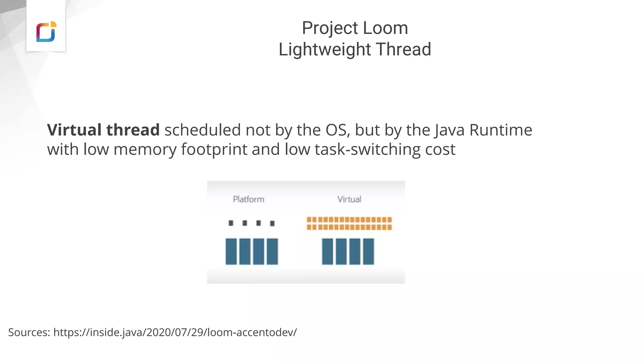 Project Loom
Lightweight Thread
Virtual thread scheduled not by the OS, but by the Java Runtime
with low memory footprint and low task-switching cost
Sources: https://inside.java/2020/07/29/loom-accentodev/
 