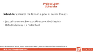 NEW PROFESSIONAL JAVA EVENT KYIV, 2020
Project Loom
Schedular
Schedular executes the task on a pool of carrier threads
• java.util.concurrent.Executor API exposes the Schedular
• Default schedular is a ForJoinPool
Source: Alan Bateman, Oracle „Project Loom Update” https://www.youtube.com/watch?v=NV46KFV1m-4
 