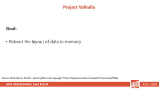 NEW PROFESSIONAL JAVA EVENT KYIV, 2020
Project Valhalla
Goal:
• Reboot the layout of data in memory
Source: Brian Goetz, O...