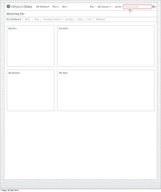My Dashboard   Sites      Users                   Help    My Account   Log Out   Search all sites


      Marketing Site
     Site Dashboard     Wiki   Blog   Document Library       Calendar   Links   Lists    Members


        My Sites                                       Activities




        My Calendar                                    My Tasks




Friday, 30 April 2010
 