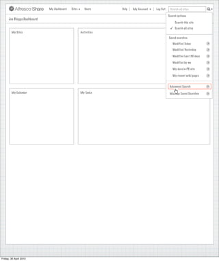My Dashboard   Sites      Users     Help   My Account   Log Out    Search all sites

                                                                                               Search options
      Joe Bloggs Dashboard
                                                                                                    Search this site

                                                                                                   Search all sites
        My Sites                                    Activities
                                                                                               Saved searches
                                                                                                  Modified Today          >

                                                                                                  Modified Yesterday      >

                                                                                                  Modified Last 30 days   >

                                                                                                  Modified by me          >

                                                                                                  My docs in PR site      >

                                                                                                  My recent wiki pages    >



                                                                                                Advanced Search           >

        My Calendar                                 My Tasks                                    Manage Saved Searches     >




Friday, 30 April 2010
 
