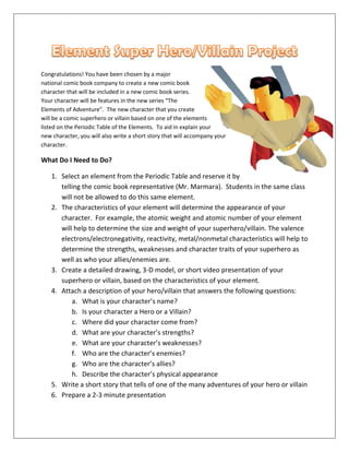 Congratulations! You have been chosen by a major
national comic book company to create a new comic book
character that will be included in a new comic book series.
Your character will be features in the new series “The
Elements of Adventure”. The new character that you create
will be a comic superhero or villain based on one of the elements
listed on the Periodic Table of the Elements. To aid in explain your
new character, you will also write a short story that will accompany your
character.
What Do I Need to Do?
1. Select an element from the Periodic Table and reserve it by
telling the comic book representative (Mr. Marmara). Students in the same class
will not be allowed to do this same element.
2. The characteristics of your element will determine the appearance of your
character. For example, the atomic weight and atomic number of your element
will help to determine the size and weight of your superhero/villain. The valence
electrons/electronegativity, reactivity, metal/nonmetal characteristics will help to
determine the strengths, weaknesses and character traits of your superhero as
well as who your allies/enemies are.
3. Create a detailed drawing, 3-D model, or short video presentation of your
superhero or villain, based on the characteristics of your element.
4. Attach a description of your hero/villain that answers the following questions:
a. What is your character’s name?
b. Is your character a Hero or a Villain?
c. Where did your character come from?
d. What are your character’s strengths?
e. What are your character’s weaknesses?
f. Who are the character’s enemies?
g. Who are the character’s allies?
h. Describe the character’s physical appearance
5. Write a short story that tells of one of the many adventures of your hero or villain
6. Prepare a 2-3 minute presentation
 