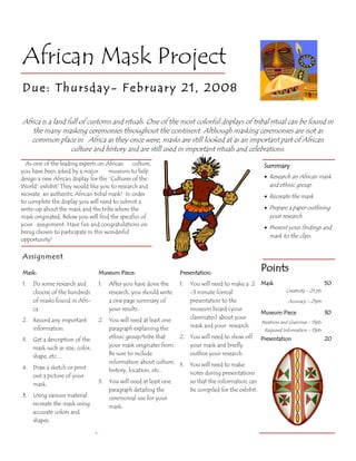 Africa is a land full of customs and rituals. One of the most colorful displays of tribal ritual can be found in
the many masking ceremonies throughout the continent. Although masking ceremonies are not as
common place in Africa as they once were, masks are still looked at as an important part of African
culture and history and are still used in important rituals and celebrations.
As one of the leading experts on African culture,
you have been asked by a major museum to help
design a new African display for the “Cultures of the
World” exhibit! They would like you to research and
recreate an authentic African tribal mask! In order
to complete the display you will need to submit a
write-up about the mask and the tribe where the
mask originated. Below you will find the specifics of
your assignment. Have fun and congratulations on
being chosen to participate in this wonderful
opportunity!
African Mask Project
Assignment
Presentation:
1. You will need to make a 2
-3 minute formal
presentation to the
museum board (your
classmates) about your
mask and your research.
2. You will need to show off
your mask and briefly
outline your research.
3. You will need to make
notes during presentations
so that the information can
be compiled for the exhibit.
Mask:
1. Do some research and
choose of the hundreds
of masks found in Afri-
ca.
2. Record any important
information.
3. Get a description of the
mask such as size, color,
shape, etc…
4. Draw a sketch or print
out a picture of your
mask.
5. Using various material
recreate the mask using
accurate colors and
shapes.
Museum Piece:
1. After you have done the
research, you should write
a one page summary of
your results.
2. You will need at least one
paragraph explaining the
ethnic group/tribe that
your mask originates from.
Be sure to include
information about culture,
history, location, etc..
3. You will need at least one
paragraph detailing the
ceremonial use for your
mask.
Points
Mask 50
Creativity - 25 pts
Accuracy - 25pts
Museum Piece 30
Neatness and Grammar - 15pts
Required Information - 15pts
Presentation 20
Summary
 Research an African mask
and ethnic group.
 Recreate the mask
 Prepare a paper outlining
your research.
 Present your findings and
mask to the class.
Due: Thursday- February 21, 2008
 