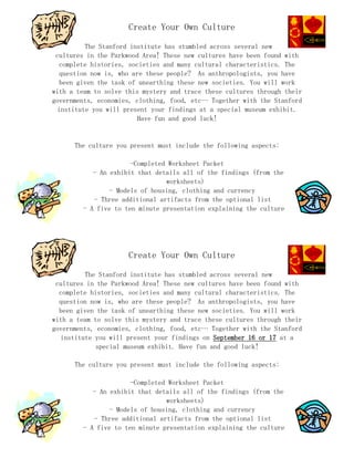 Create Your Own Culture
The Stanford institute has stumbled across several new
cultures in the Parkwood Area! These new cultures have been found with
complete histories, societies and many cultural characteristics. The
question now is, who are these people? As anthropologists, you have
been given the task of unearthing these new societies. You will work
with a team to solve this mystery and trace these cultures through their
governments, economies, clothing, food, etc… Together with the Stanford
institute you will present your findings at a special museum exhibit.
Have fun and good luck!
The culture you present must include the following aspects:
-Completed Worksheet Packet
- An exhibit that details all of the findings (from the
worksheets)
- Models of housing, clothing and currency
- Three additional artifacts from the optional list
- A five to ten minute presentation explaining the culture
Create Your Own Culture
The Stanford institute has stumbled across several new
cultures in the Parkwood Area! These new cultures have been found with
complete histories, societies and many cultural characteristics. The
question now is, who are these people? As anthropologists, you have
been given the task of unearthing these new societies. You will work
with a team to solve this mystery and trace these cultures through their
governments, economies, clothing, food, etc… Together with the Stanford
institute you will present your findings on September 16 or 17 at a
special museum exhibit. Have fun and good luck!
The culture you present must include the following aspects:
-Completed Worksheet Packet
- An exhibit that details all of the findings (from the
worksheets)
- Models of housing, clothing and currency
- Three additional artifacts from the optional list
- A five to ten minute presentation explaining the culture
 