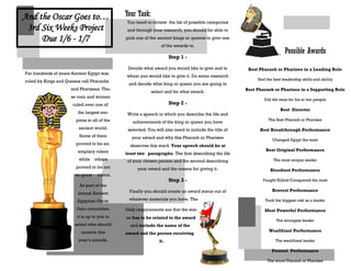 Your Task:
You need to review the list of possible categories
and through your research, you should be able to
pick one of the ancient kings or queens to give one
of the awards to.
Step 1 -
Decide what award you would like to give and to
whom you would like to give it. Do some research
and decide what king or queen you are going to
select and for what award.
Step 2 -
Write a speech in which you describe the life and
achievements of the king or queen you have
selected. You will also need to include the title of
your award and why this Pharaoh or Pharisee
deserves this ward. Your speech should be at
least two paragraphs. The first describing the life
of your chosen person and the second describing
your award and the reason for giving it.
Step 3 -
Finally you should create an award statue out of
whatever materials you have. The
Only requirements are that the stat-
ue has to be related to the award
and include the name of the
award and the person receiving
it.
For hundreds of years Ancient Egypt was
ruled by Kings and Queens call Pharaohs
and Pharisees. The-
se men and women
ruled over one of
the largest em-
pires in all of the
ancient world.
Some of them
proved to be ex-
emplary rulers
while others
proved to be not
so great rulers.
As part of the
annual Ancient
Egyptian Oscar
Gala committee,
it is up to you to
select who should
receive this
year’s awards.
Possible Awards
Best Pharaoh or Pharisee in a Leading Role
Had the best leadership skills and ability
Best Pharaoh or Pharisee in a Supporting Role
Did the most for his or her people
Best Director
The Best Pharaoh or Pharisee
Best Breakthrough Performance
Changed Egypt the most
Best Original Performance
The most unique leader
Bloodiest Performance
Fought/Killed/Conquered the most
Bravest Performance
Took the biggest risk as a leader
Most Powerful Performance
The strongest leader
Wealthiest Performance
The wealthiest leader
Poorest Performance
The worst Pharaoh or Pharisee
And the Oscar Goes to…
3rd Six Weeks Project
Due 1/6 - 1/7
 
