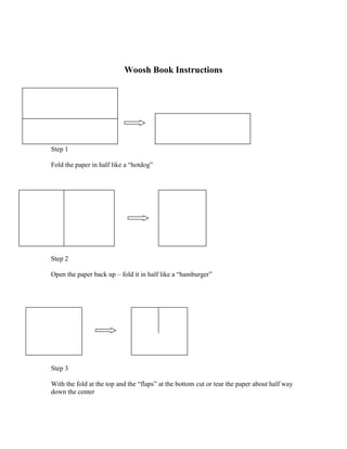 Woosh Book Instructions
Step 1
Fold the paper in half like a “hotdog”
Step 2
Open the paper back up – fold it in half like a “hamburger”
Step 3
With the fold at the top and the “flaps” at the bottom cut or tear the paper about half way
down the center
 