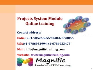 Project System
Module (PS)
11
Projects System Module
Online training
Contact address:
India : +91-9052666559,040-69990056
USA:+1-6786933994,+1-6786933475
Mail : info@magnifictraining.com
Website : www.magnifictraining.com
 