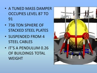 • A TUNED MASS DAMPER 
OCCUPIES LEVEL 87 TO 
91 
• 736 TON SPHERE OF 
STACKED STEEL PLATES 
• SUSPENDED FROM 4 
STEEL CABLES 
• IT’S A PENDULUM 0.26 
OF BUILDINGS TOTAL 
WEIGHT 
 