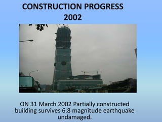 CONSTRUCTION PROGRESS 
2002 
ON 31 March 2002 Partially constructed 
building survives 6.8 magnitude earthquake 
undamaged. 
 