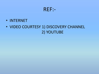REF:- 
• INTERNET 
• VIDEO COURTESY 1) DISCOVERY CHANNEL 
2) YOUTUBE 
