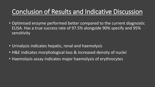 Conclusion of Results and Indicative Discussion
• Optimised enzyme performed better compared to the current diagnostic
ELISA. Has a true success rate of 97.5% alongside 90% specify and 95%
sensitivity
• Urinalysis indicates hepatic, renal and haemolysis
• H&E indicates morphological loss & increased density of nuclei
• Haemolysis assay indicates major haemolysis of erythrocytes
 