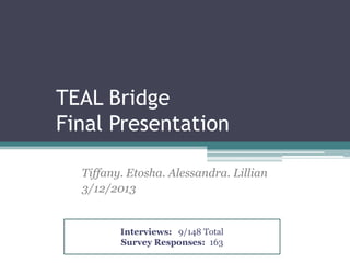TEAL Bridge
Final Presentation

  Tiffany. Etosha. Alessandra. Lillian
  3/12/2013


         Interviews: 9/148 Total
         Survey Responses: 163
 