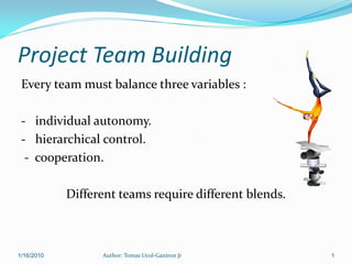 Project Team Building
 Every team must balance three variables :

 - individual autonomy.
 - hierarchical control.
  - cooperation.

            Different teams require different blends.



1/16/2010         Author: Tomas Ucol-Ganiron Jr         1
 