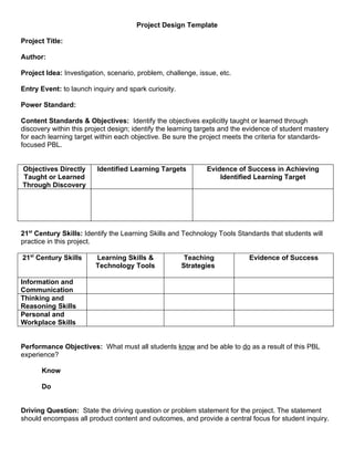 Project Design Template

Project Title:

Author:

Project Idea: Investigation, scenario, problem, challenge, issue, etc.

Entry Event: to launch inquiry and spark curiosity.

Power Standard:

Content Standards & Objectives: Identify the objectives explicitly taught or learned through
discovery within this project design; identify the learning targets and the evidence of student mastery
for each learning target within each objective. Be sure the project meets the criteria for standards-
focused PBL.


Objectives Directly      Identified Learning Targets          Evidence of Success in Achieving
Taught or Learned                                                 Identified Learning Target
Through Discovery




21st Century Skills: Identify the Learning Skills and Technology Tools Standards that students will
practice in this project.

21st Century Skills      Learning Skills &             Teaching             Evidence of Success
                         Technology Tools             Strategies

Information and
Communication
Thinking and
Reasoning Skills
Personal and
Workplace Skills


Performance Objectives: What must all students know and be able to do as a result of this PBL
experience?

      Know

      Do


Driving Question: State the driving question or problem statement for the project. The statement
should encompass all product content and outcomes, and provide a central focus for student inquiry.
 