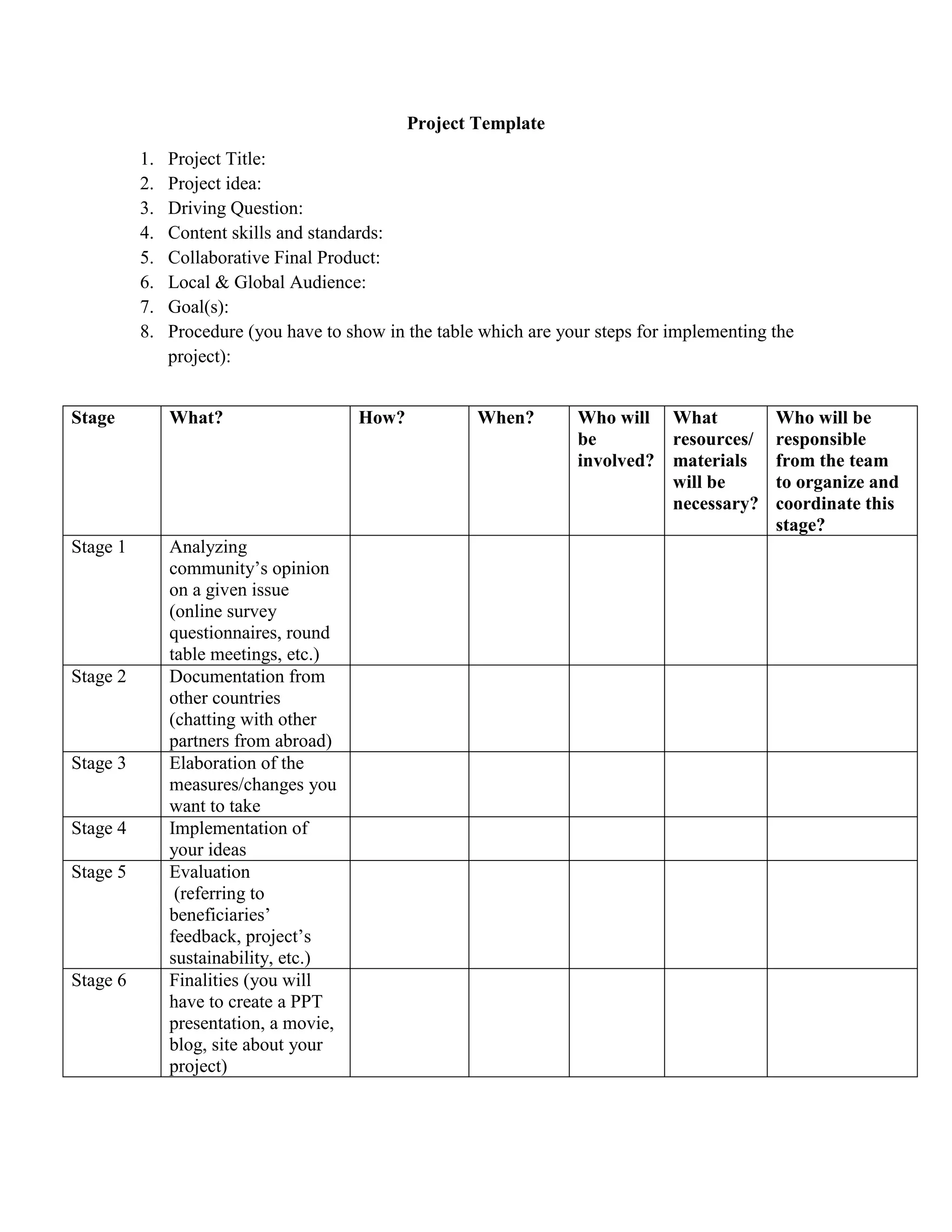 Project Template
1.
2.
3.
4.
5.
6.
7.
8.

Project Title:
Project idea:
Driving Question:
Content skills and standards:
Collaborative Final Product:
Local & Global Audience:
Goal(s):
Procedure (you have to show in the table which are your steps for implementing the
project):

Stage

What?

Stage 1

Analyzing
community’s opinion
on a given issue
(online survey
questionnaires, round
table meetings, etc.)
Documentation from
other countries
(chatting with other
partners from abroad)
Elaboration of the
measures/changes you
want to take
Implementation of
your ideas
Evaluation
(referring to
beneficiaries’
feedback, project’s
sustainability, etc.)
Finalities (you will
have to create a PPT
presentation, a movie,
blog, site about your
project)

Stage 2

Stage 3

Stage 4
Stage 5

Stage 6

How?

When?

Who will What
be
resources/
involved? materials
will be
necessary?

Who will be
responsible
from the team
to organize and
coordinate this
stage?

 