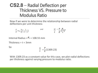 CS2.8 – Radial Deflection per 
Thickness VS. Pressure to 
Modulus Ratio 
Now if we were to determine the relationship between radial 
deflections per unit thickness 
◦ and = 
Internal Radius = = 108.55 mm 
Thickness = t = 3mm 
So 
= (1309.23) 
With 1309.23 as a constant value for this case, we plot radial deflections 
per thickness against varying pressure to modulus ratio. 
 
