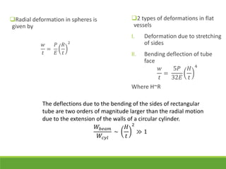 Radial deformation in spheres is 
given by 
푤 
푡 
= 
푃 
퐸 
푅 
푡 
2 
2 types of deformations in flat 
vessels 
I. Deformation due to stretching 
of sides 
II. Bending deflection of tube 
face 
푤 
푡 
= 
5푃 
32퐸 
퐻 
푡 
4 
Where H~R 
The deflections due to the bending of the sides of rectangular 
tube are two orders of magnitude larger than the radial motion 
due to the extension of the walls of a circular cylinder. 
푊푏푒푎푚 
푊푐푦푙 
~ 
퐻 
푡 
2 
≫ 1 
 