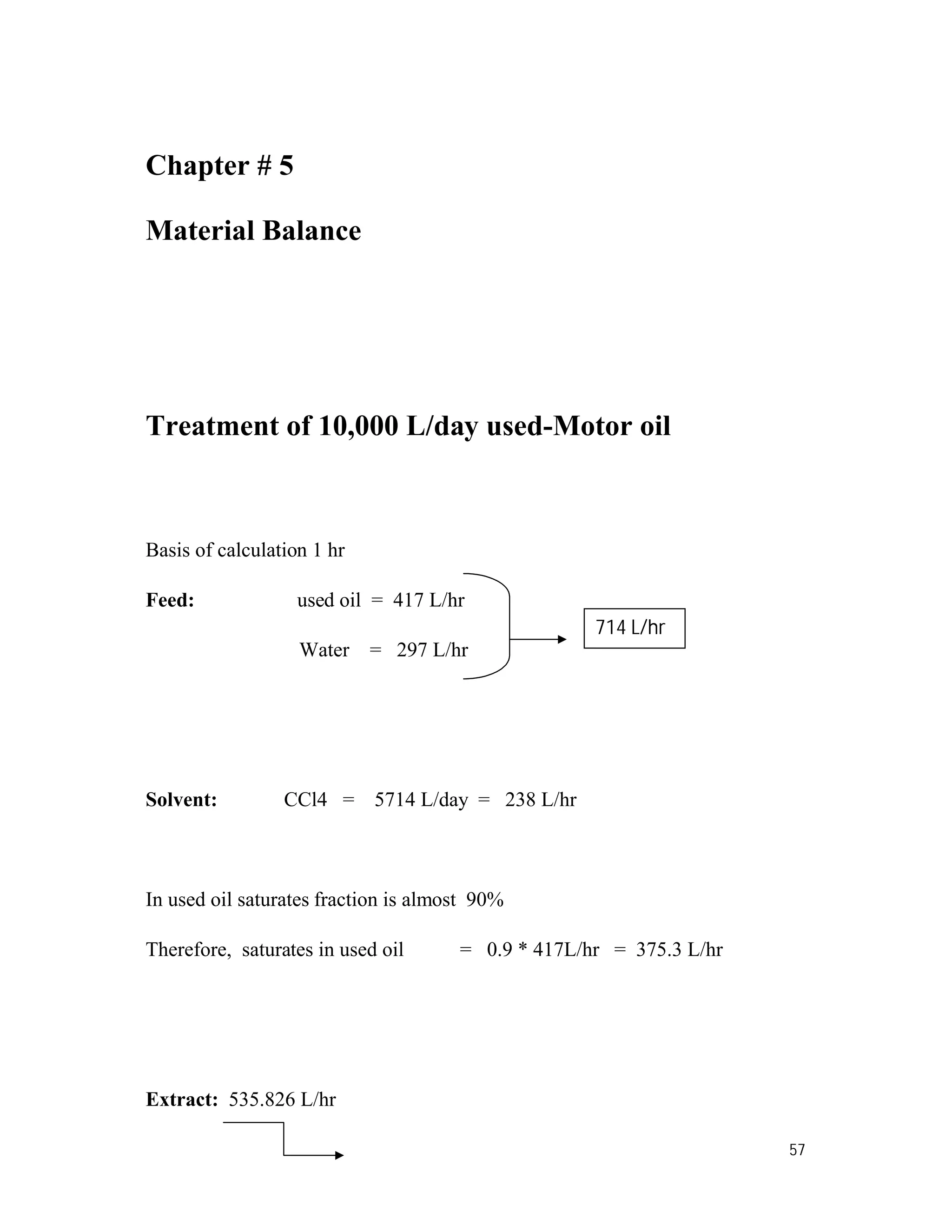 57
Chapter # 5
Material Balance
Treatment of 10,000 L/day used-Motor oil
Basis of calculation 1 hr
Feed: used oil = 417 L/hr
Water = 297 L/hr
Solvent: CCl4 = 5714 L/day = 238 L/hr
In used oil saturates fraction is almost 90%
Therefore, saturates in used oil = 0.9 * 417L/hr = 375.3 L/hr
Extract: 535.826 L/hr
714 L/hr
 