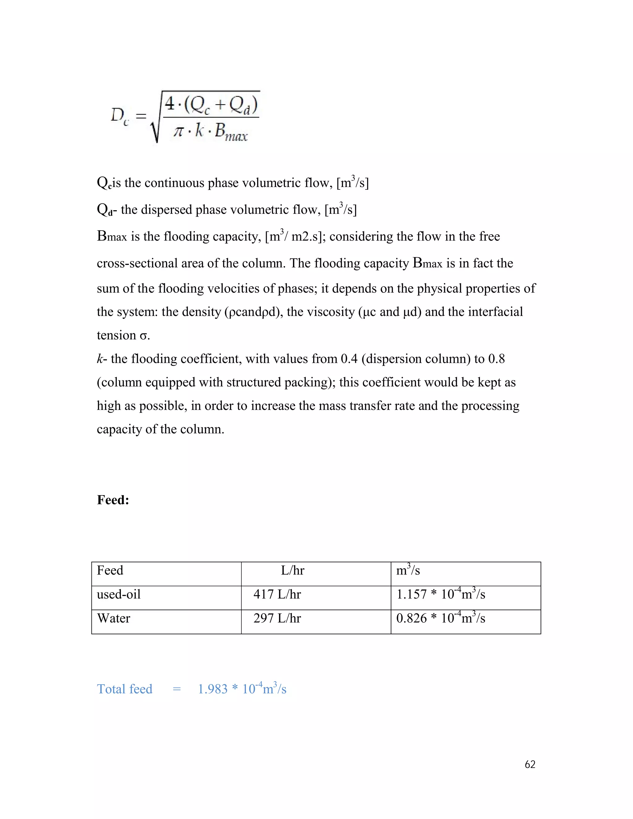 62
Qcis the continuous phase volumetric flow, [m3
/s]
Qd- the dispersed phase volumetric flow, [m3
/s]
Bmax is the flooding capacity, [m3
/ m2.s]; considering the flow in the free
cross-sectional area of the column. The flooding capacity Bmax is in fact the
sum of the flooding velocities of phases; it depends on the physical properties of
the system: the density (ρcandρd), the viscosity (μc and μd) and the interfacial
tension σ.
k- the flooding coefficient, with values from 0.4 (dispersion column) to 0.8
(column equipped with structured packing); this coefficient would be kept as
high as possible, in order to increase the mass transfer rate and the processing
capacity of the column.
Feed:
Total feed = 1.983 * 10-4
m3
/s
Feed L/hr m3
/s
used-oil 417 L/hr 1.157 * 10-4
m3
/s
Water 297 L/hr 0.826 * 10-4
m3
/s
 