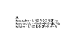 3R
Repeatable = 언제든 부수고 재건가능
Reproducible = 어느곳 에서든 생성가능
Reliable = 언제든 같은 결과를 보여줌
 
